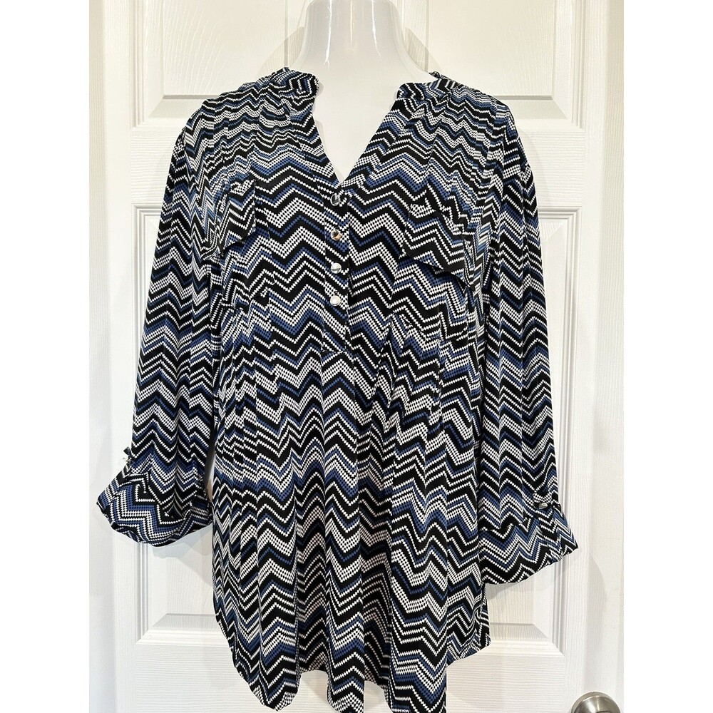 Cocomo Stretch Knit Blue Chevron Print Tunic Blouse Top Plus Size 3X